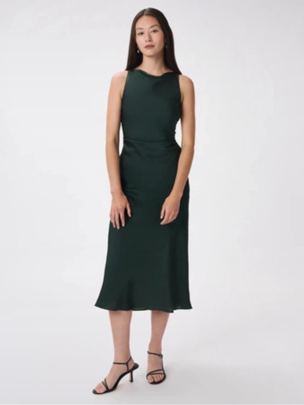 Quince 100% Silk Sleeveless Dark Green Cross-Back Midi Dress - Picture 2 of 4